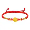Dia das Mães Flor Peônia Ouro Puro 999 Lembrança Pulseira Flor de Lótus da Boa Sorte para Mulheres com Contas da Fortuna e Tecelagem de Fio Vermelho