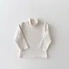 Camiseta Base de Algodón de Cuello Medio para Niños Primavera y Otoño, Camiseta Versátil de Color Sólido con Estampado de Dibujos Animados para Niños y Niñas