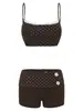 Conjunto sexy e quente de menina para exportação, conjunto de duas peças para menina com top tomara-que-caia e shorts, renda de bolinhas com alças finas e cintura abotoada