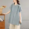 Foto Real de Vestido de Verano 2026 para Mujer, Redondo, Retro Artístico, Cuadros Azules Pequeños, Vestido Camisero Fresco y Holgado para Verano