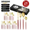 Amazon Transfronterizo Cubiertos de Acero Inoxidable Cuchillo Portugués, Tenedor y Cuchara Set de 24 Piezas Cuchillo para Filete, Tenedor y Cuchara Estilo Occidental Set en Caja de Regalo