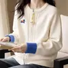 Suéter Superior de Ropa Exterior Primavera y Otoño 2026, Juvenil y Elegante, Bloque de Color de Moda, Bordado de Caballo Pequeño, Cárdigan de Punto de Manga Larga para Mujer
