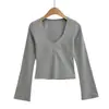 2591-26 Novo Estilo de Início de Primavera Estilo Europeu e Americano Sexy Costurado Decote V Profundo Levemente Acampanado Manga Longa Curta Camiseta Casual