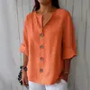 2025 Moda Verão Europeia e Americana Exportação Nova Camisa Solta Feminina Gola V Algodão e Linho Botão Camiseta Top para Mulheres