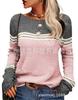 Cross-border outono e inverno novo feminino crochê elegante commuter top europeu e americano de mangas compridas listrado cor listrado combinando pescoço redondo suéter