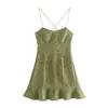 ZA Comercio Exterior Transfronterizo Vestido de Tirantes Verde Estampado con Cordones para Mujer Verano Falda de Línea A Adelgazante para Vacaciones
