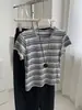 Camiseta Feminina Jacquard Listrado Estilo Étnico Fio de Algodão Tricô Gola Redonda Manga Curta 2026 Moda Verão Retrô Slim Fit Ombro Normal