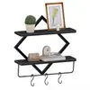 Prateleiras de ferro forjado e madeira para parede em estoque, prateleiras de armazenamento de parede para sala de estar com ganchos, prateleiras decorativas para cozinha e banheiro, para vendas transfronteiriças
