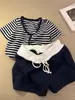 395 Listrado Retrô com Busto Acolchoado Verão 2026 Novo Estilo Pijama para Mulheres Estilo Coreano Manga Curta Simples Conjunto para Casa