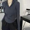 Tamanho plus Estilo Americano Top Garota Quente Outono Feminino menina gordinha Ajustado Cobrindo Suéter Curto Elegante Camiseta de Algodão de Manga Comprida com Capuz