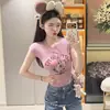 Elegante Top de Punto con Estampado de Dibujos Animados, Cuello Redondo, Manga Corta para Mujer, Nuevo Verano 2026, Top Corto Ajustado