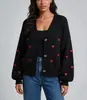 Comercio Electrónico Transfronterizo Amazon Bordado de Corazón Tejidos Cárdigan Prendas Exteriores Europeo Americano Otoño Invierno De un Solo Botón Cuello Solapa Suéter Cárdigan para Mujer