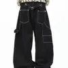 Diseño original de hebilla de avión cool estilo americano, costuras visibles, pantalones vaqueros anchos de corte holgado para hombre y mujer, pantalones largos de mezclilla cruda de moda