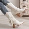 Zapatos de Tacón Alto de Moda Botas de Media Caña para Mujer en Otoño e Invierno Europeas y Americanas Talla Grande Punta Afilada Botas de Caballero Borla Bordada Botas Vaqueras Blancas