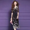 Feimengyi Original 100% Seda de Amora Estampada Vestido Preto Feminino Verão Elegante Seda Bordada Decote V Saia Longa