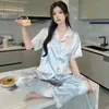 Pijama de Seda Gelada para Mulheres, Manga Curta e Calça Longa de Verão, Roupa de Casa de Alto Padrão, Novo Conjunto de Seda Sintética de Verão para Mulheres, Transfronteiriço