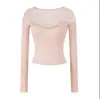 Camiseta Elegante de Encaje Patchwork Manga Larga Cuello en U Estilo Coreano para Mujer, Nueva Camiseta Básica de Primavera Ajustada Adelgazante con un Toque de Alta Gama