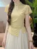 Wzxsk Novo Design Slim-Fit Estilo Chinês Que Esconde o Formato do Corpo, Blusa Nova de Manga Curta com Gola Alta Estilo Chinês para o Verão 2026, Efeito Emagrecedor