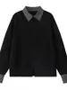 Moletom listrado adolescente, casaco pesado masculino, estilo streetwear americano, nova coleção de outono 2026, gola polo patchwork