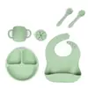 Plato con Ventosa Resistente a Caídas, Tenedor, Cuchara y Taza de Silicona de Grado Alimenticio Transfronterizo, Set con Babero de Silicona