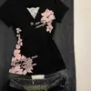 Camiseta Estampada de Manga Corta con Cuello en V de Encaje Estilo Retro Americano para Mujer, Verano, Gama Alta, Ajustada a la Cintura, Hombro Normal, Adelgazante, Top de Moda