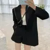 Chique Coreano Outono Nicho Versátil Gola de Terno Jaqueta Casual Solta de Manga Longa + Conjunto de Calça Shorts de Terno de Cintura Alta