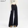 Jeans Wide-Leg Azul Denim Americano com Micro Flare para Mulheres, Calças Flared Tendência Nova com Caimento Solto Comprimento Total para Primavera e Verão