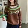 Suéter jacquard Fair Isle de lã australiana para mulheres, outono e inverno, estilo casual, pulôver, curto, manga longa, modelagem solta, camada base