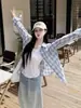Camisa de Protección Solar de Cuadros Azules Coreana Estilo Perezoso 2025 Casual Nueva para Mujer Holgada de Manga Larga Top Chaqueta
