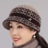 Chapéu de meia-idade e idosos feminino inverno velho avó mãe forrado de lã chapéu quente algodão malha coelho lã velha senhora chapéu