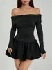 Vestido Curto Amazon Feminino de Cor Sólida, Ombro Único, Manga Longa, Barra Franzida, Adequado para Primavera e Outono na Europa e América