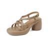 Sandalias Casuales de Cuero Trenzado de Vaca Simples Versátiles Cómodas con Aumento de Altura Suela Gruesa Verano 2024 Tacón Alto Grueso Punta Redonda para Mujer