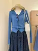 Suéter tejido azul de manga larga con volantes, estilo suave para mujer, moda de principios de otoño, corte holgado, favorecedor y elegante, prenda exterior