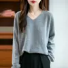 Novo estilo 10 suéter de tricô feminino de manga comprida e corte solto para outono e inverno, suéter com decote em V
