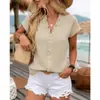 Comércio Exterior Europeu e Americano da Amazon Transfronteiriço Verão Cor Sólida Gola V Renda Manga Curta Top, Camiseta Feminina Estilosa e Casual