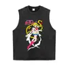 Camiseta Holgada Oversize Floral de Manga Corta con Estampado de Anime Japonés, Cuello Redondo, Mangas Largas