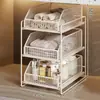 Mueble para lavabo de baño con estantes de almacenamiento, organizador extraíble para debajo del lavabo y almacenamiento en capas para artículos de tocador y desagües.