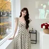 Vestido de lunares estilo francés para mujer, estilo veraniego para la playa, vestido largo de línea A que ciñe la cintura