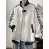 Chaqueta de Béisbol de Tres Rayas de la Alta Calle Americana para Hombre, Chaqueta Deportiva Rayada de Marca Moderna de Otoño de Uso Rudo, Abrigo Patchwork Juvenil