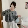 Suéter Curto Feminino Jacquard Amor Cor Contrastante Gola Redonda Coreano Estilo Preguiçoso Solto Emagrecedor para Primavera e Outono Novo