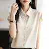 Camisa Cárdigan de Manga Corta de Satén Sedoso Estilo Nuevo de Verano para Mujer Elegante Versátil Cuello Polo Top Profesional para Viaje