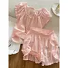 Pijama Simples Rosa Estilo Coreano com Mangas Bufantes para Mulheres, Novo Estilo de Verão, Pode Ser Usado Fora de Casa, Conjunto Doce de Casa Estilo Coreano