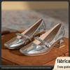 Sapatos femininos Mary Jane prateados de camada única, elegantes, com alto senso, para primavera e verão, novos, de salto médio, bico quadrado, sapatos de boca baixa estilo princesa para mulheres