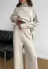 Conjunto de Suéter de Cuello Alto para Mujer Nuevo Otoño e Invierno Europeo y Americano Conjunto de Dos Piezas de Punto Casual Holgado y Pantalones Largos para Mujer