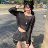 Camisa protección solar Mujer jersey cintura alta ombligo camiseta top ligeramente transparente camisa hueca chal pequeño mujer chal