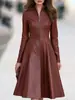 Vestido de Couro PU Novo Transfronteiriço Europeu e Americano 2026 Manga Longa com Gola Alta e Zíper para Mulheres, Cintura Ajustável, Emagrecedor, Temperamento, Barra Larga, Vestido Longo