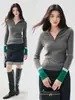 Suéter de cachemira para mujer, con media cremallera, cuello alto, corte ajustado, otoño/invierno, puños de color contrastante, prenda interior de punto, suéter