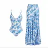 Conjunto de Baño Retro de Porcelana Azul y Blanca con Tirantes, Traje de Una Pieza Hueco, Conjunto de Dos Piezas con Falda Larga de Playa Adelgazante de Cintura Alta, Sexy