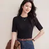 Camiseta básica casual de corte ajustado con cuello redondo para mujer, nuevo modelo de otoño 2026, top de algodón modal lana merino de manga corta
