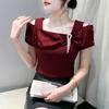 Top de Moda con Volantes y Perlas para Mujer, Estilo Europeo, Camiseta Sexy de Manga Corta Descubierta de los Hombros, Blusa Versátil Ajustada para el Verano